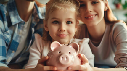 Family budget. Little girl and her parents with piggy bank