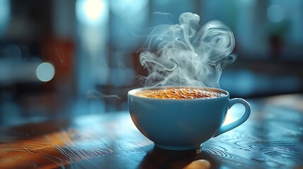 Focus on the swirling patterns of steam rising from a cup of hot coffee, curling and twisting in the air before dissipating into the surrounding space. - obrazy, fototapety, plakaty