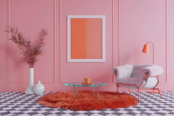 Wall art mockup of vertical blank frame, checkered floor, orange fur carpet, preppy pink interior,