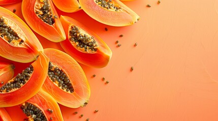 Delicate slices of papaya displayed in a linear arrangement on a soft orange background, with text space at the top - obrazy, fototapety, plakaty