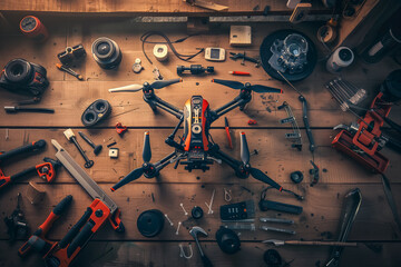 Disassembled drone on workbench with tools for repair.
