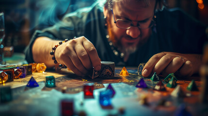Focused player engaging with intricate board game, surrounded by dice and pieces - obrazy, fototapety, plakaty