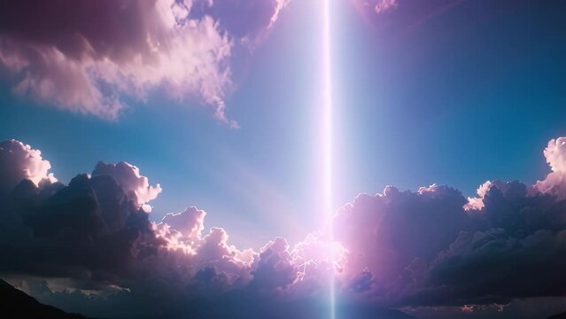 Video animation of dramatic sky with dark clouds and a bright sunbeam shining through. The sunbeam is central and vertical, creating a stark contrast between the light and dark areas of the sky.