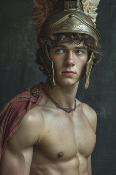 Fantasy portrait of Hermes ancient greek Olympian god with winged helmet, known as Mercury in the antique Roman mythology, protector of travelers, merchants and thieves