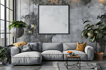 A mockup poster frame 3d render in an industrial shelving system, above a comfortable sofa, entertainment room, Scandinavian style interior design, hyperrealistic