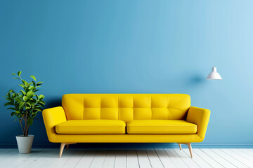 minimalism interior with yellow sofa and potted green plant on blue wall background