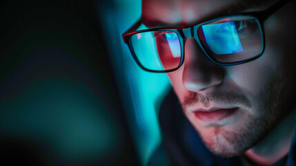 Obraz premium Close-up of a man with glasses reflecting a computer screen's light