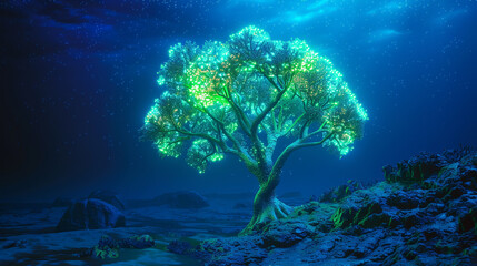 Brain tree's patchwork branches of candy colors set against a sky-blue playfulness. - obrazy, fototapety, plakaty