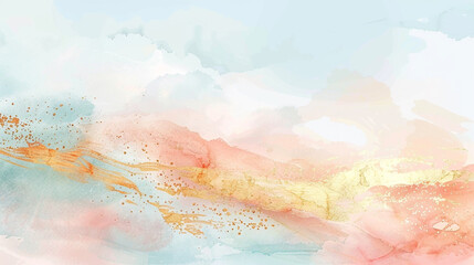 Abstract sunrise in watercolor, with coral and gold meeting a soft blue sky.