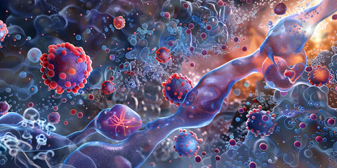 Nanoparticles targeting cancer cells, visual concept of targeted drug delivery in medical treatment hyper realistic, Nanoparticles in action in drug delivery

 - obrazy, fototapety, plakaty