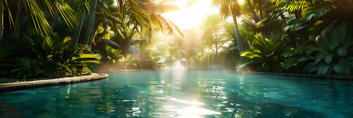 A serene pool, encircled by palm trees Sunlight filters through the foliage beyond the water's surface