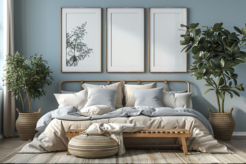 A mockup poster frame 3d render in a wooden rack, above a modern sofa, bedroom, Scandinavian style interior design, hyperrealistic