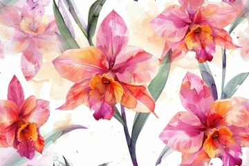 Seamless Floral Pattern with Pink and Orange Orchids on White Background Elegant and Romantic Botanical Design for Textiles and Decor