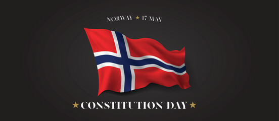 Norway constitution day vector banner, greeting card. Norwegian wavy flag in 17th of May patriotic holiday horizontal design with realistic flag