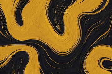 acrylic paint texture in yellow and black, creative swirling waves background - obrazy, fototapety, plakaty