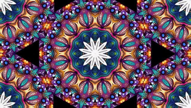 Elegant symmetry and dynamic movement unfold in the seamlessly looping abstract kaleidoscope mandala in 4k