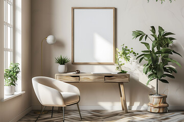A mockup poster frame 3d render in a vintage desk, above a contemporary armchair, living room, Scandinavian style interior design, hyperrealistic