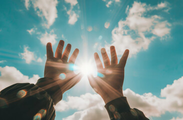 Hands, pray and person with hope, flare and faith for grace, light and forgiveness with compassion. Sunshine, Christian and outdoor with nature and believe with worship and spiritual with gratitude - obrazy, fototapety, plakaty