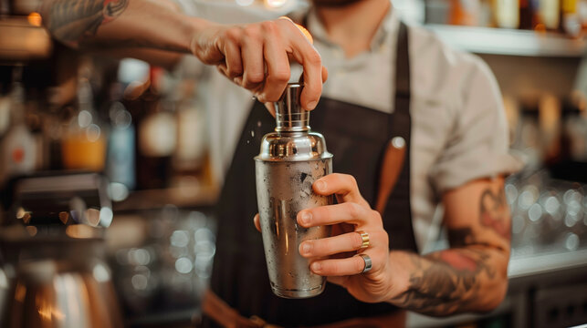 Bartender expertly shaking a cocktail shaker behind the bar
