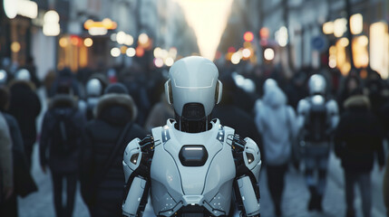 A robot stands out in a crowd of people on a busy street - obrazy, fototapety, plakaty