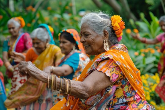 Elderly ladies in colorful attire enjoying a lively dance circle in the vibrant greenery of a community park