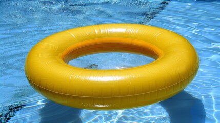 Sunny yellow pool float drifting in refreshing blue water of a serene swimming pool
