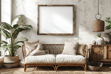 A mockup poster frame 3d render in a salvaged cabinet, above a chic settee, lounge, Scandinavian style interior design, hyperrealistic