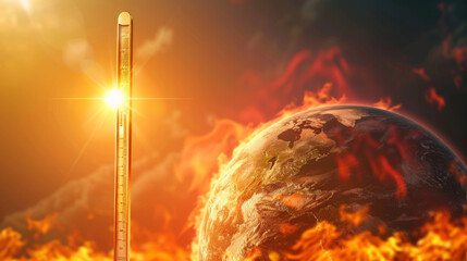 An impactful visualization of global warming with a thermometer indicating extreme temperatures against a backdrop of Earth engulfed in heat. - obrazy, fototapety, plakaty