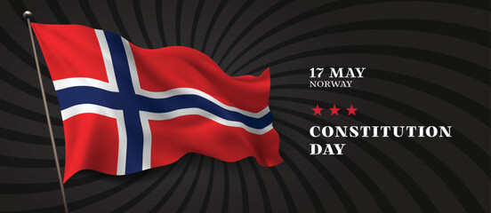 Norway constitution day vector banner, greeting card. Norwegian wavy flag in 17th of May national patriotic holiday horizontal design