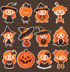 Naklejka premium a set of halloween stickers with pumpkins and witches