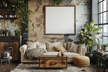 A mockup poster frame 3d render in a retro chest, above a trendy loveseat, bar area, Scandinavian style interior design, hyperrealistic