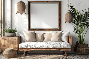 A mockup poster frame 3d render in a rustic sideboard, above a trendy futon, loft, Scandinavian style interior design, hyperrealistic