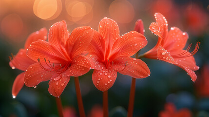 Vibrant orange lilies with dew drops, glowing in soft sunlight against a bokeh background.
