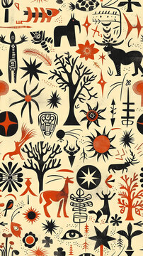 Mix animal subject people tree sun star and other african symbols. Seamless, Abstract, Pattern. AI Generative