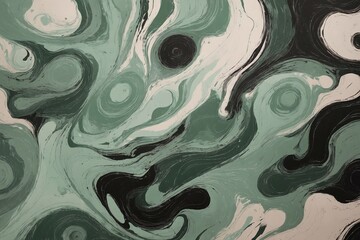 acrylic green paint swirls intertwine with pastel white, creating a textured background 