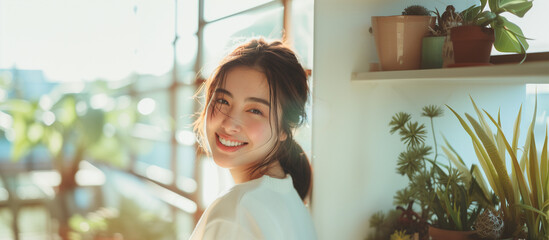 明るく美しいボケの、朝の陽ざしが入る窓辺で優しく笑う20代のアジア人女性