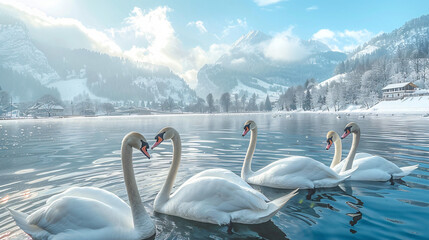 Flock of swans on the lake - obrazy, fototapety, plakaty