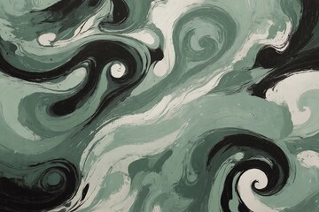 acrylic green paint swirls intertwine with pastel white, creating a textured background 