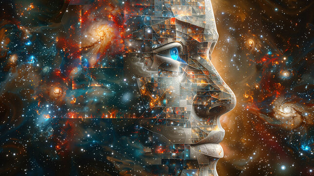 Digital artwork of a woman's face composed of cosmic elements and galaxies, symbolizing the universe within human imagination.