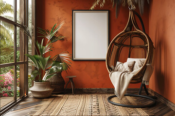 A mockup poster frame 3d render in a thin black metal frame 3d render, on a rattan hanging chair, accompanied by a woven basket with throw blankets, in bold jewel tones, hyperrealistic