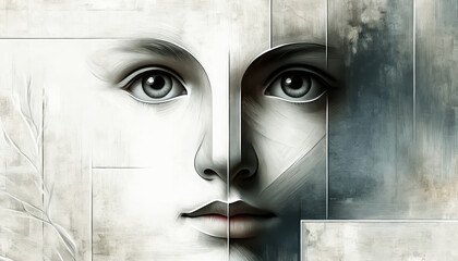 A split digital portrait blends a detailed face with abstract metal textures, creating a contrast between simplicity and complexity. - obrazy, fototapety, plakaty