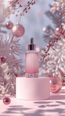 A cosmetic serum bottle on a pedestal with festive holiday decorations in the background - obrazy, fototapety, plakaty