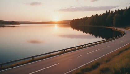 Lake and road at sunset
