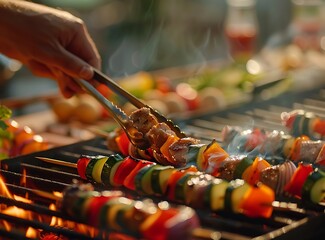 A person using tongs to place vegetable shish kebabs on the grill