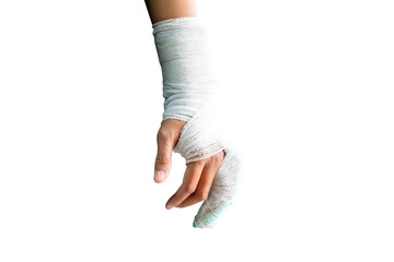 Hand wrapped in white bandage from accident, injury, accident insurance, soft splint on finger, isolated on white background with clipping path