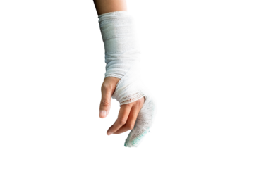 Hand wrapped in white bandage from accident, injury, accident insurance, soft splint on finger, isolated on white background with clipping path