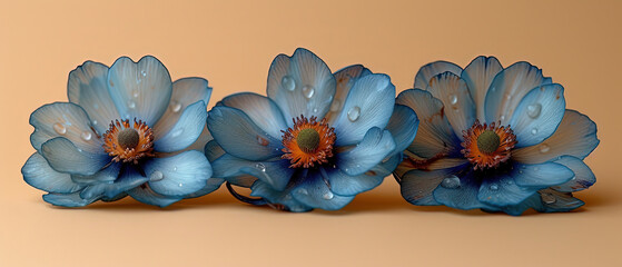 three blue flowers with water droplets on them on a yellow background
