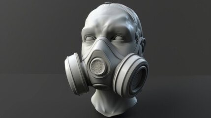 A 3D rendering of a detailed respirator mask against a minimalist grey background, highlighting safety equipment design.