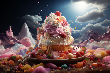 A creative giant cupcake with whipped cream and cherry berry on the top in a sweet fairy-tale world on the background of blue sky with clouds and mountains - obrazy, fototapety, plakaty