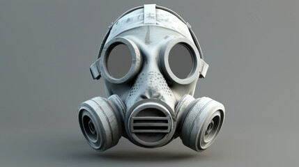 A vintage style gas mask rendered in 3D with a minimalist grey background, emphasizing its design and features.